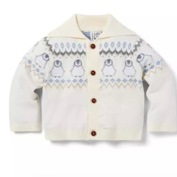Janie and Jack 100047807 Cream and Gray Baby Fair Isle Penguin Cardigan size 0-3 - Picture 1 of 10
